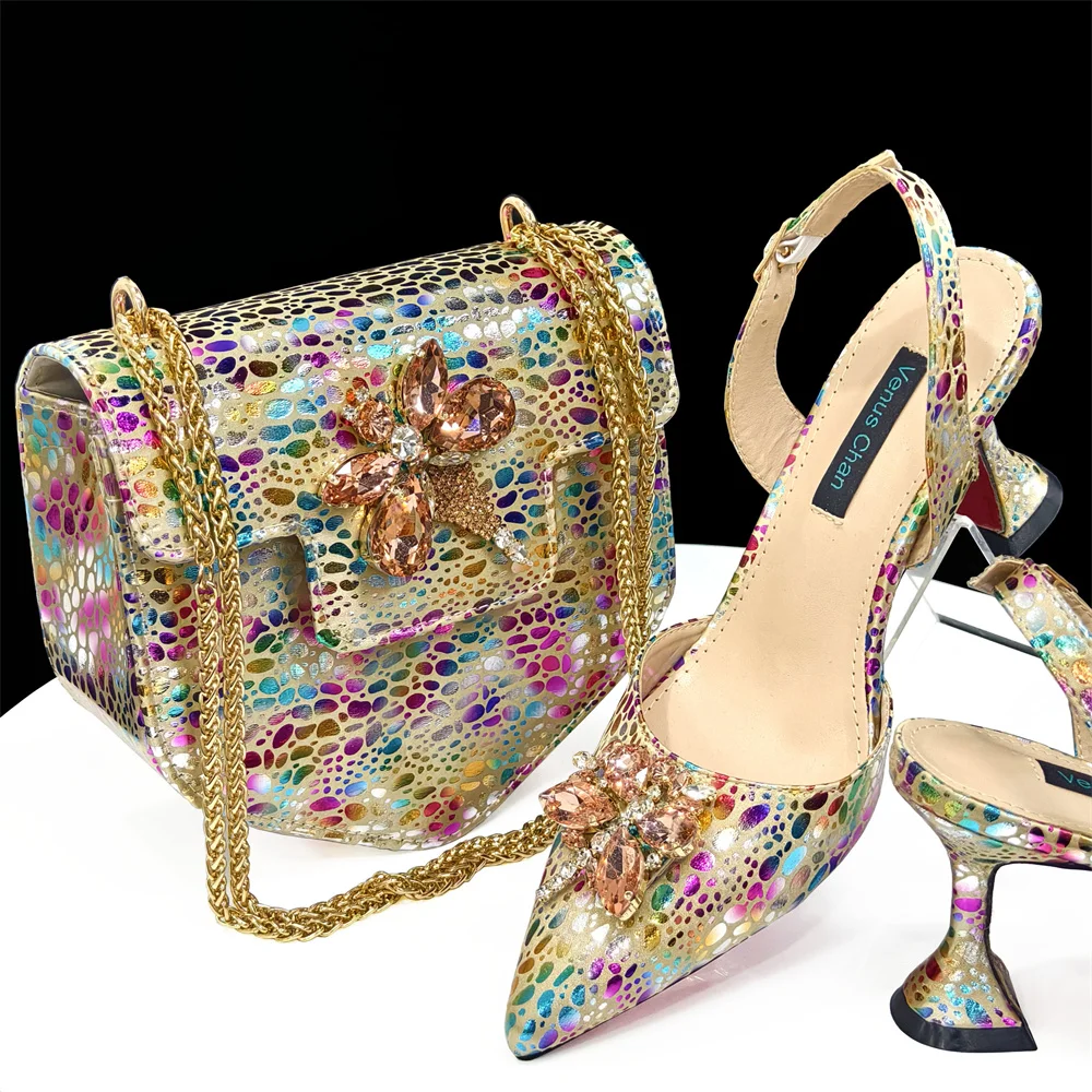 doershow beautiful Italian gold Shoes And Bag Sets For Evening Party With Stones Italian Leather Handbags Match Bags!   SFW1-11