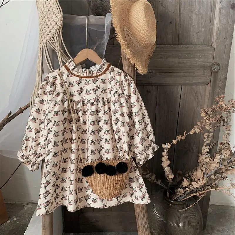 

Girls' Dress 100% Pure Cotton Spring Autumn Korean Children's Wear Floral Printing Long Sleeve Kids Vintage Princess Dresses