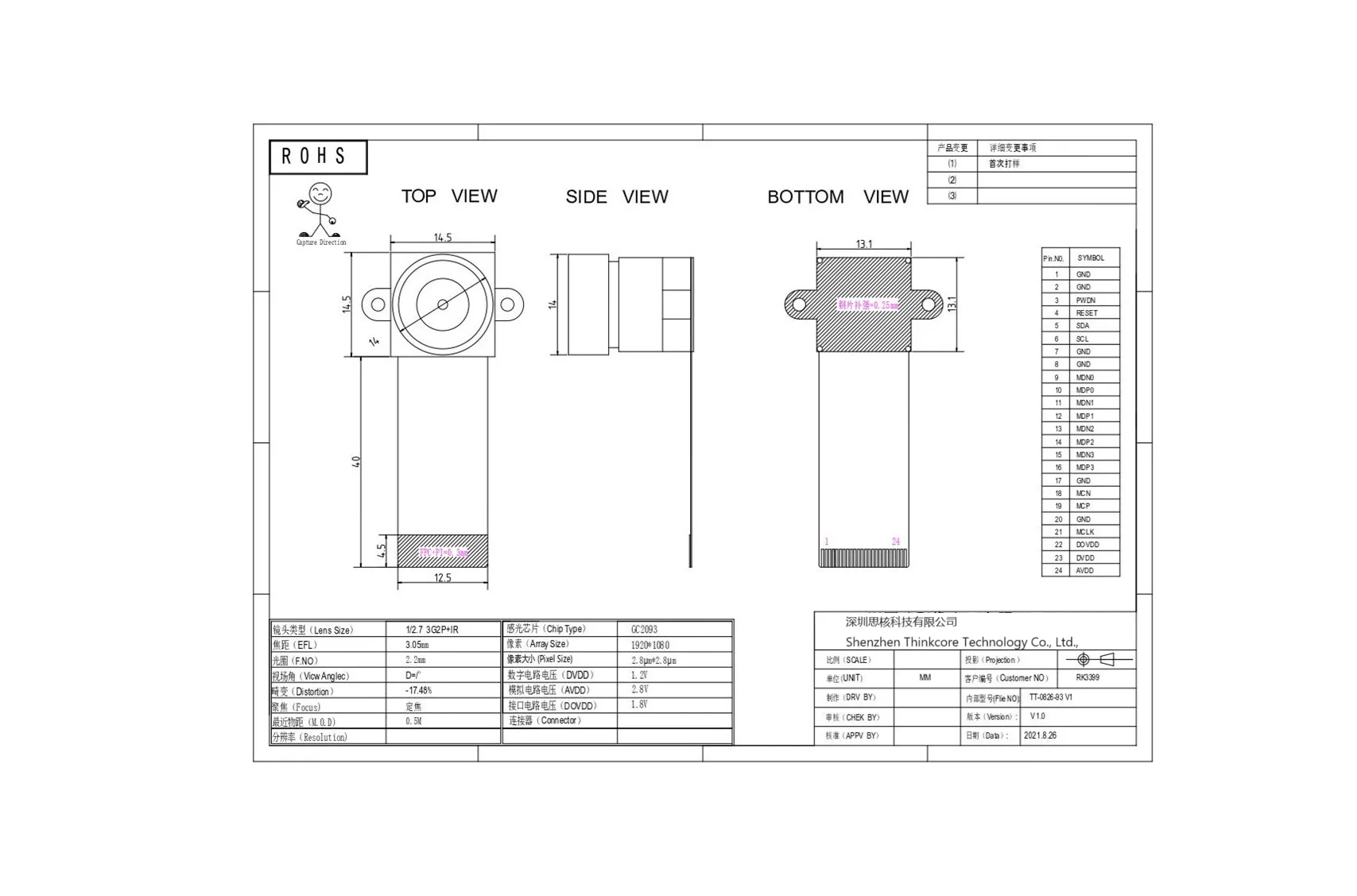 Czujnik GC2053 2MP piksele 24Pin MIPI 1080P monokularowy moduł kamery CMOS obiektyw obsługuje RV1126 RK3568 RV1109 RV1126 RK3568 RV1109