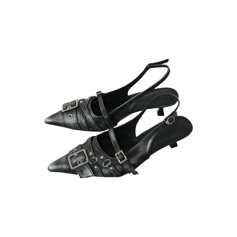 2026Vintage Stiletto Sandals Fall New Pointed Toe Shallow Rivet Metal Buckle One Strap Anti-Slip Wear-Resistant High Heels image 6