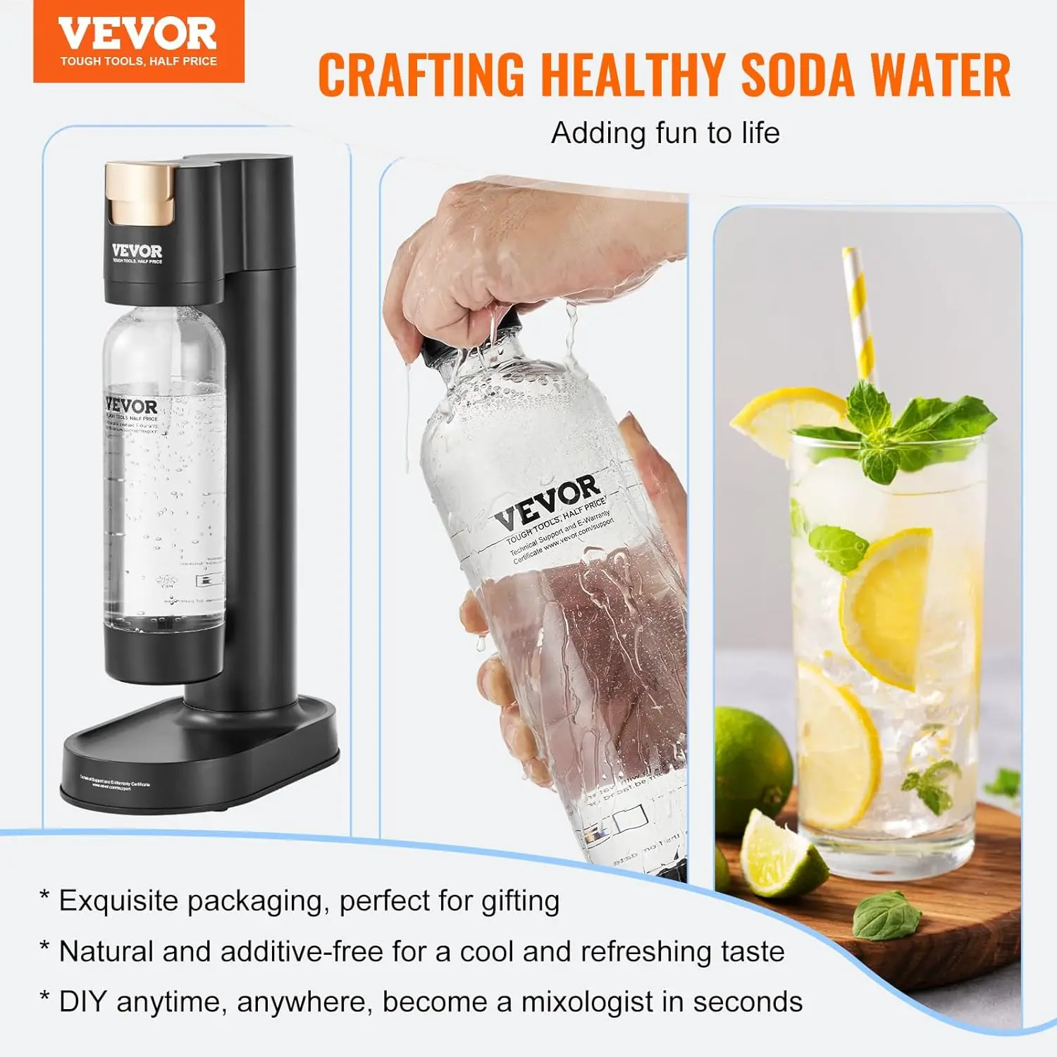 Sparkling Water Maker, Soda Maker Machine for Home, Soda Maker with BPA-free 1L PET Bottle, 2 CO2 Cylinders(Not Contain CO2 GAS)