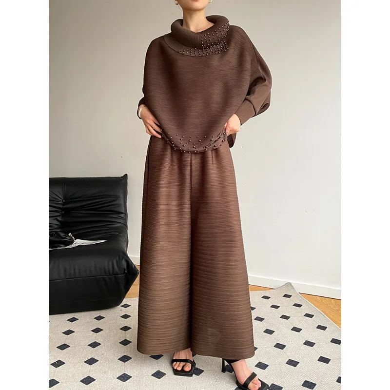 GGHK Women's Two Piece 2023 Autumn New Pleated Scarf Collar Bat Top+Fashion Casual Loose Wide Leg Pants Elegant Women's Sets