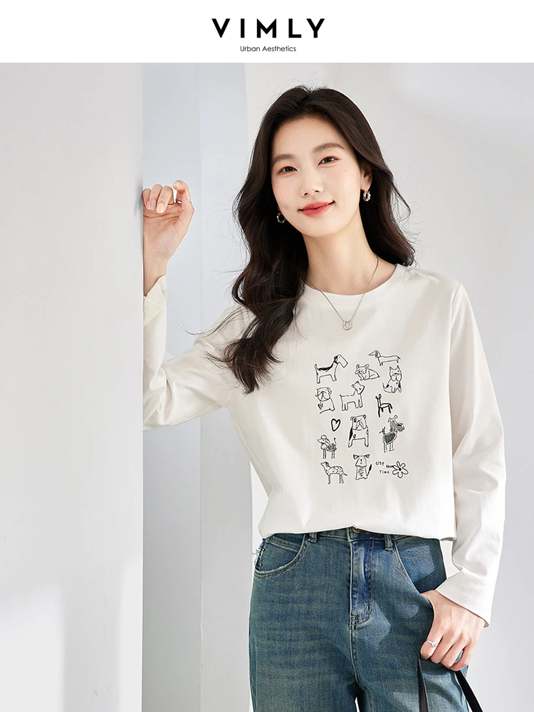 

VIMLY Women's Simple Commuter White T-shirt Autumn New Casual Round Neck Cotton Long Sleeve Animals Cartoon Printed Blouse Top