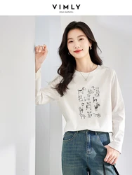 VIMLY Women's Simple Commuter White T-shirt Autumn New Casual  Round Neck Cotton Long Sleeve Animals Cartoon Printed Blouse Top