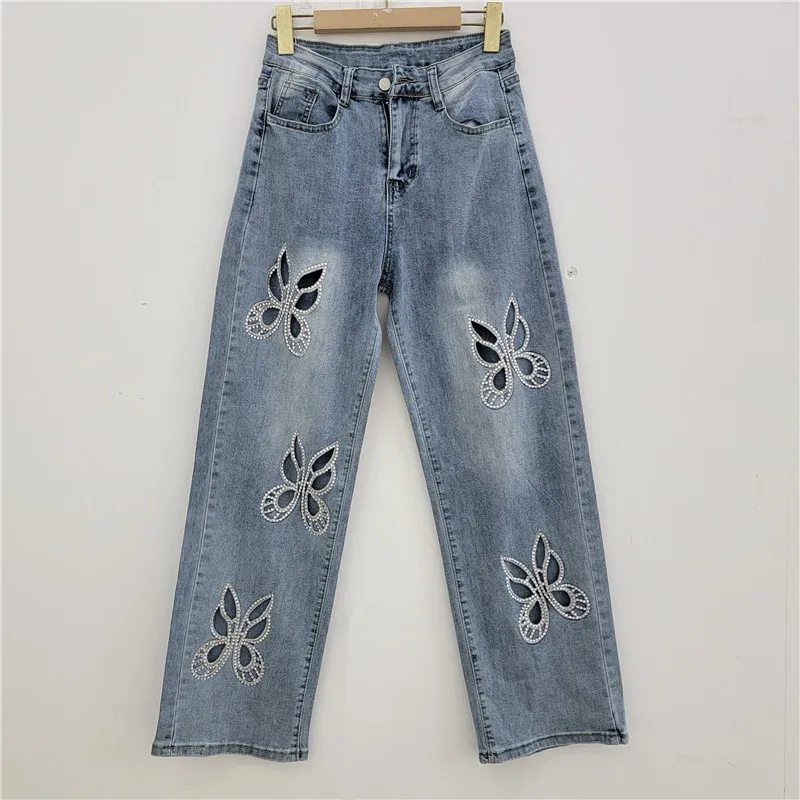 

European Summer high waist jeans for women loose 2025 New slim straight Diamond hollowed out Halen Denim pants w1192