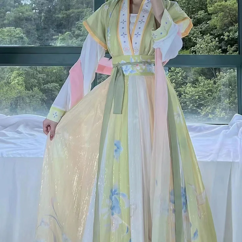 Chinese Traditional Hanfu Green  Yellow Costume Woman Ancient Dress Oriental Princess Dress Elegance Tang Dynasty Dance Wear