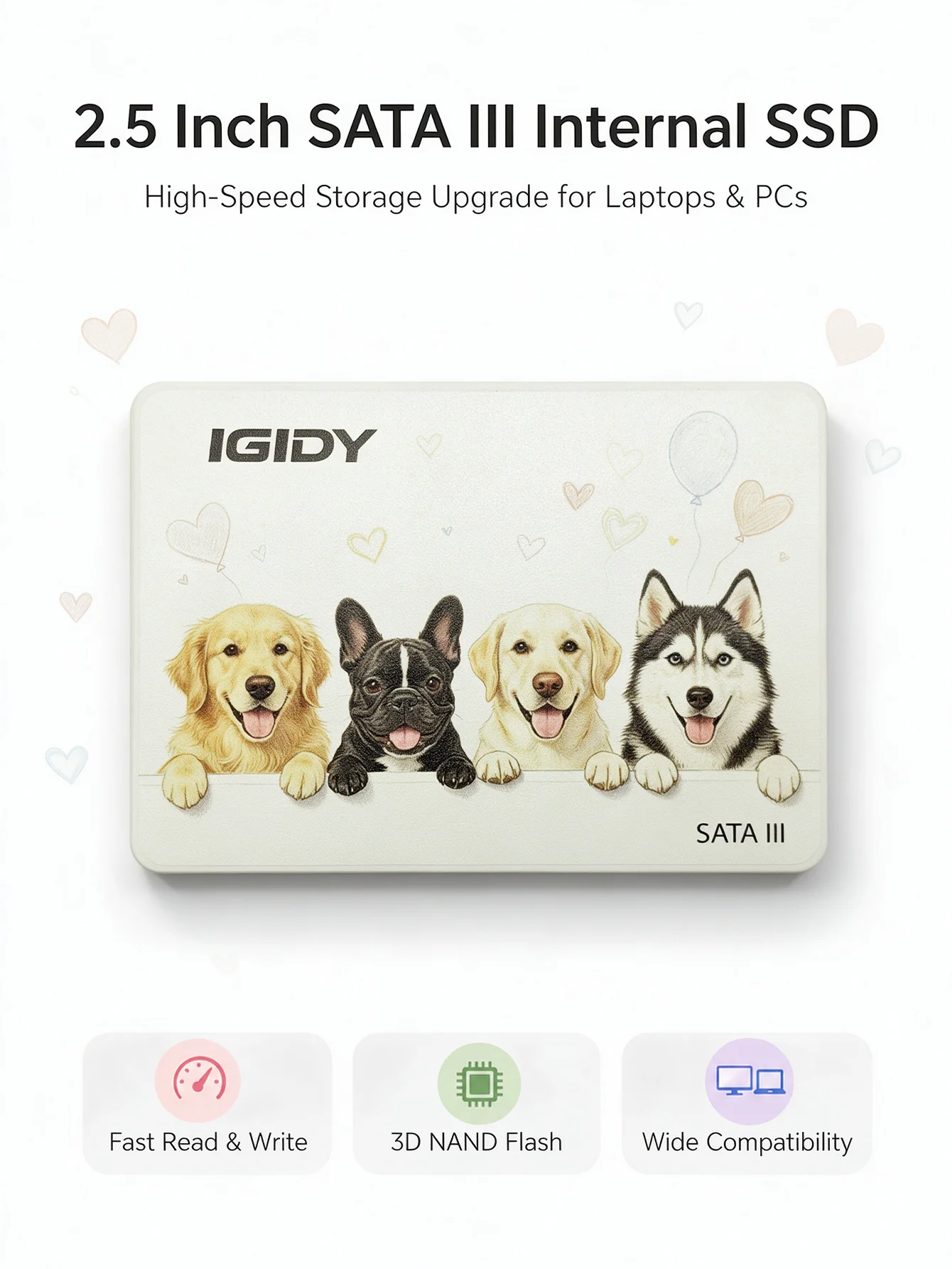 IGIDY 2.5 Inch SATA III SSD Pet Art Pattern Hard Drive 128GB 256GB Max 550MB/s Read for Laptop Desktop Mini PC