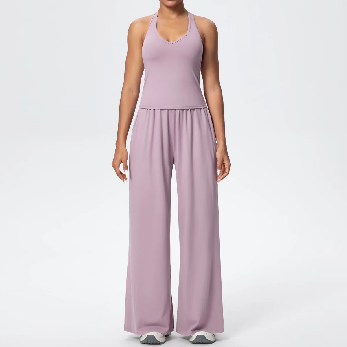 MIML 2026 Women's V-Neck Backless Yoga Fitness Sport Suit Set Solid Color Wide Leg Breathable Running Tight Bodycon Style