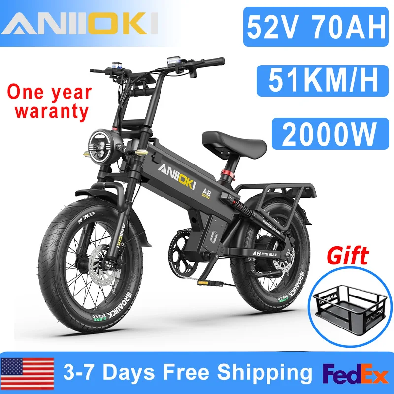 

ANIIOKI Electric Bike 2000W Peak Motor 52V 70Ah battery Electric Bicycle 32mph 20"*4" Fat Tires A8 Pro Max Adult Ebike