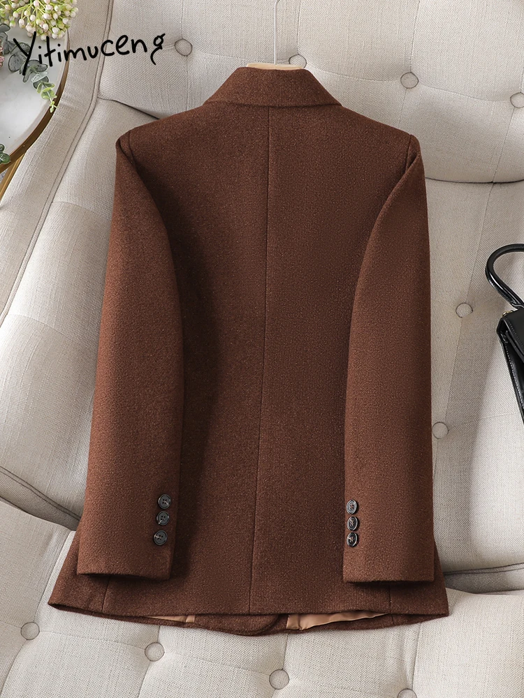 Yitimuceng Double Breasted Blazer for Women 2023 New Long Sleeve Solid Casual Jackets Office Ladies Korean Fashion Slim Coats