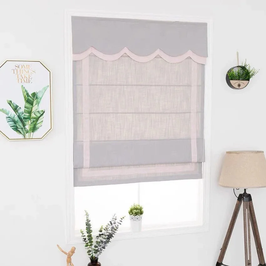 

Modern Motorized Solid Grey With Pink Border Trims Flat Roman Shades Customized Roman Blinds With Installation Included