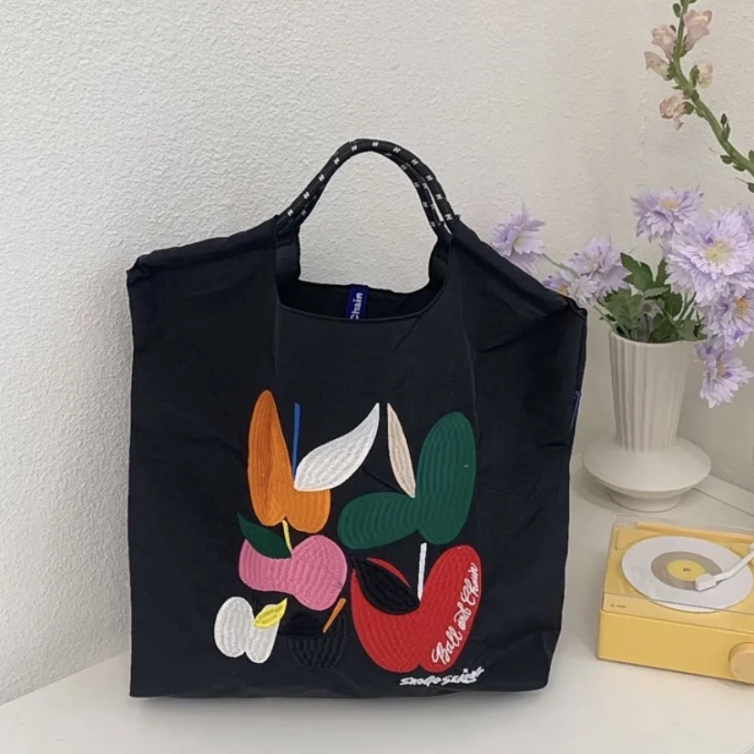 

Eco-Friendly Cotton oulder Bag with Ball Chain Embroidery op Tote Crossbody Bag Soft Nylon Fabric Travel Bag