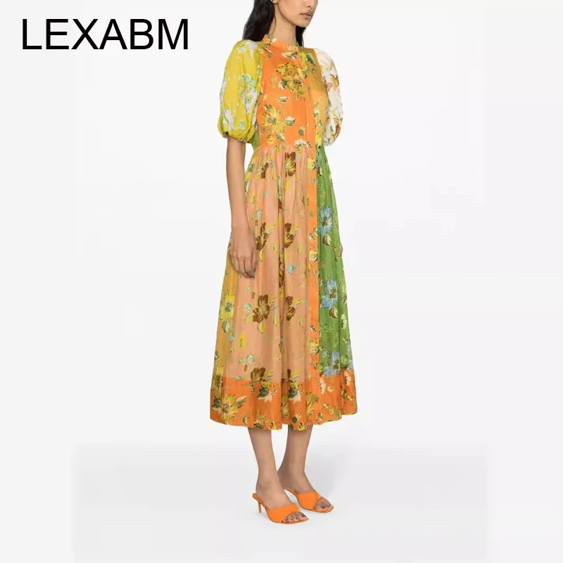 طباعة س الرقبة عالية الخصر فساتين طويلة للمرأة عطلة الشاطئ الكتان س الرقبة قصيرة الأكمام ألف خط فستان ماكسي Partyclub #1