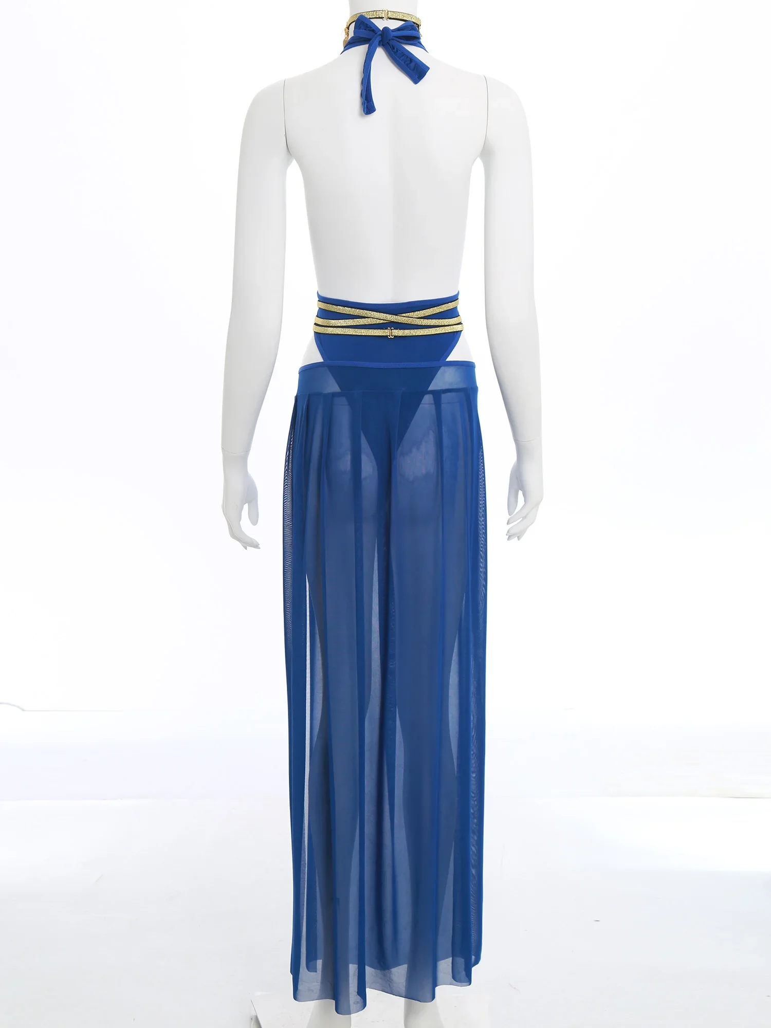 ชุดคอสเพลย์ฮาโลวีนสไตล์เต้นรำอินเดียสำหรับผู้หญิง ชุดเซ็กซี่ บอดี้สูทและกระโปรงผ้าตาข่ายผ่าข้างพร้อมคอเสื้อ