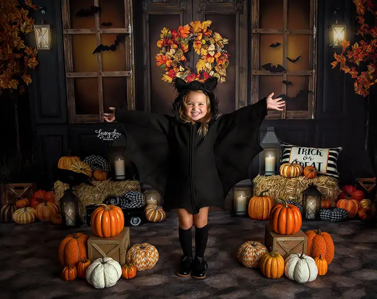 Backdrops para Halloween Porch Fotografia, Birthday Cake Smash, Pumpkin Lantern, Witch Bat, Festival Fundo para Crianças e Adultos, Outono