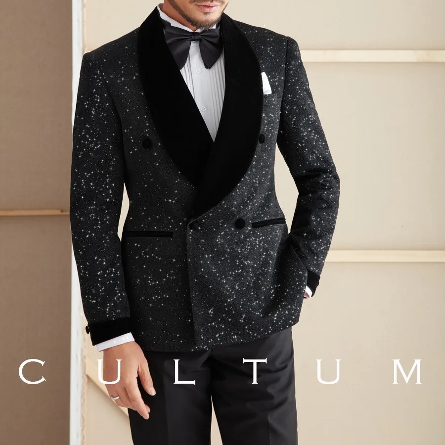 

RM3Wholesale suit shiny banquet dress suit men's green collar double-breasted host groom wedding suit two-piece suit