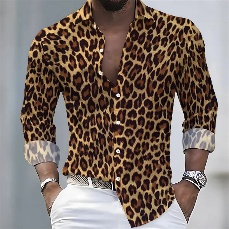 New Men's Leopard Print Long-Sleeved Shirt, Trendy Retro Slim-Fit Turn-Down Collar Casual and Stylish Men's Shirt, Sizes S-6XL.