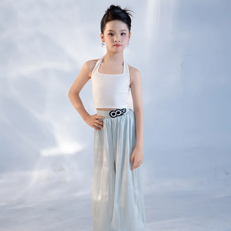 

Summer Girls Latin Dance Clothes Whit Vest Loose Soft Pants Kids Cha Cha Rumba Dance Practice Wear Training Dance Outfit BL18598