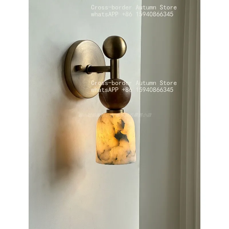 French medieval high-grade brass wall lamp, wabi sand marble wall lamp, living room bedroom lamp