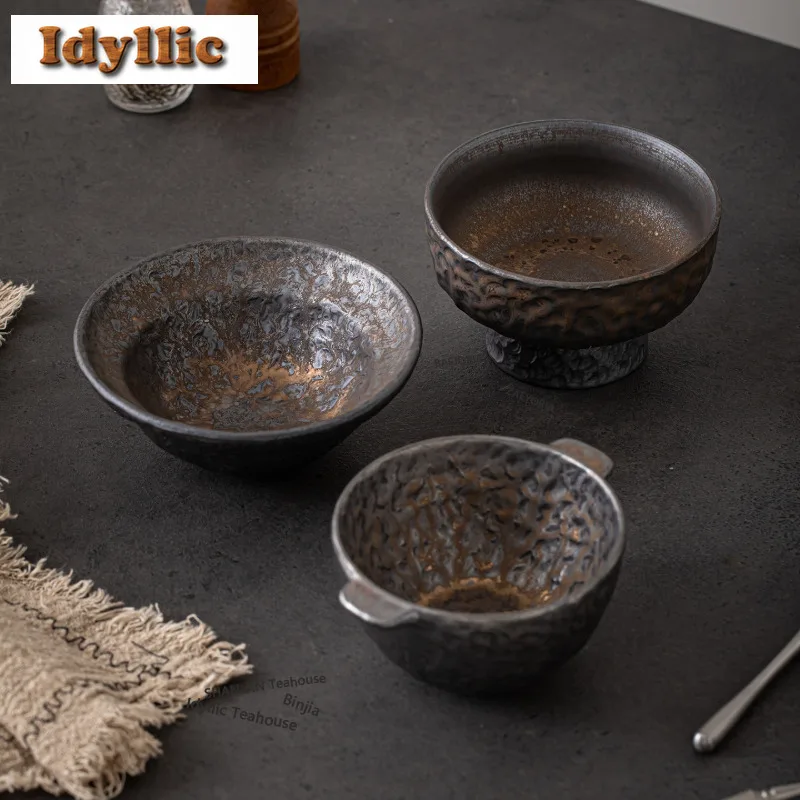 HOYIHM Gilded Iron-glazed Rock Pattern Bowl Food Bowls Refreshment Fruit Plate Oats Basin Steak Fish Bowls Restaurant Tableware