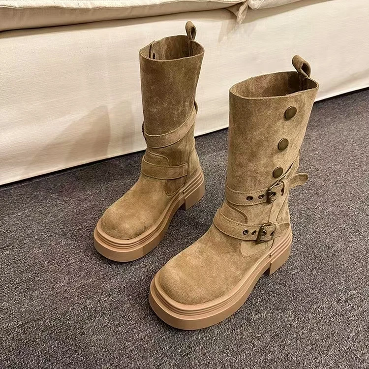 2026 New British Style Biker Ankle Boots, 2-Way Wear Suede ，Retro Stylish Footwear for Daily Street Wear