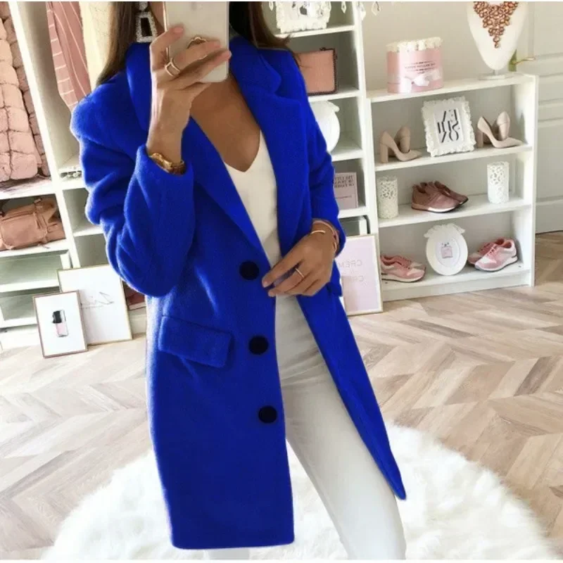 Women\'s L-5XL plus size Solid Color Coat Suit Collar Medium Length Fashion Double Breasted Woolen Coat Elegant Women\'s Coat