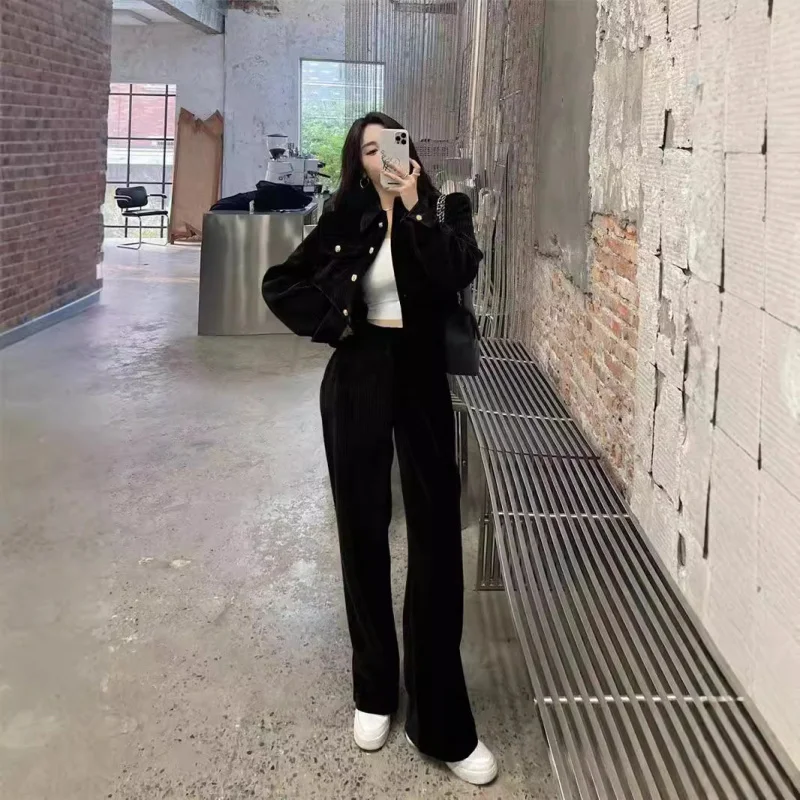 

Corduroy Suit Women2025Popular Autumn and Winter New Fashion Elegant SocialitePoloCollar Coat Wide Leg Pants Two-Piece Set