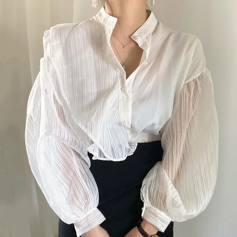 

Clothland Women Sweet Mesh Patchwork Blouse Lantern Sleeve White Black Shirt Retro Office Wear Tops Blusa LB164