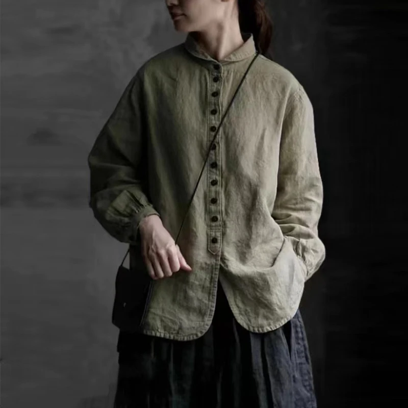 Johnature Spring New Turn-down Collar Vintage Linen Women Shirts 2024 Casual Japanese Button Solid Color Loose Women Blouses