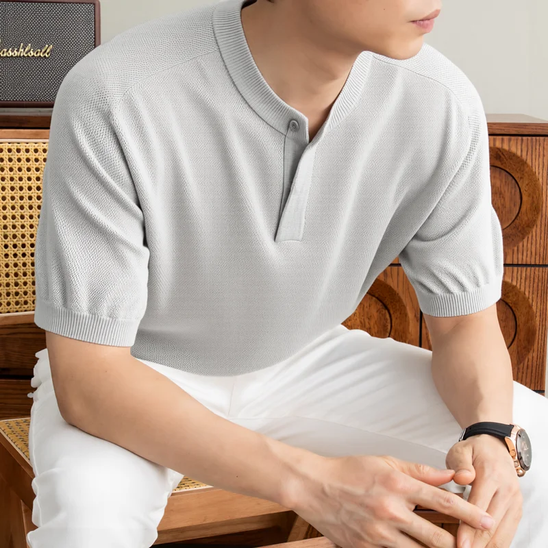 Breathable Linen Knitwear for Men Summer Trendy Henry Collar Knit T-shirts Short Sleeve Lyocell Kntiting Tops Pullovers