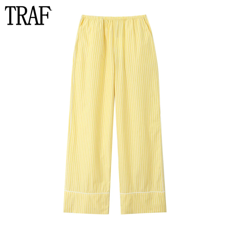 

TRAF Yellow Striped Pants for Women High Waist Baggy Pants Woman Pleated Straight Leg Pants Women Summer Holiday Women's Pants