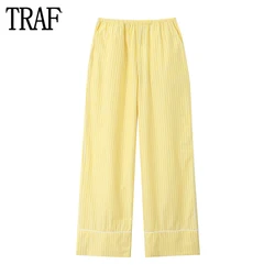 TRAF Yellow Striped Pants for Women High Waist Baggy Pants Woman Pleated Straight Leg Pants Women Summer Holiday Women's Pants