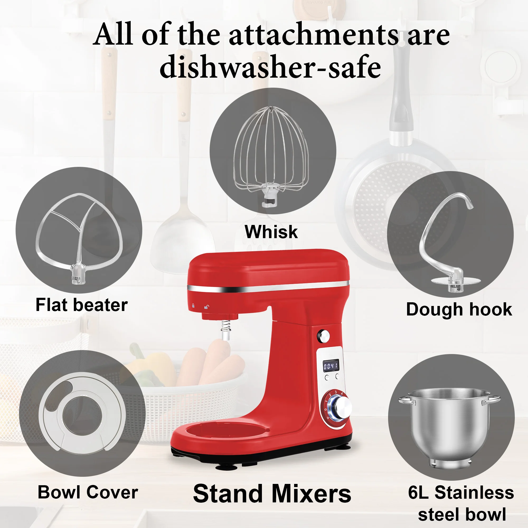 BioloMix 6-Speed Stand Mixer with 6L Stainless Bowl – 1200W Quiet DC Motor, Includes Cream Whisk, Egg Whip & Dough Kneader