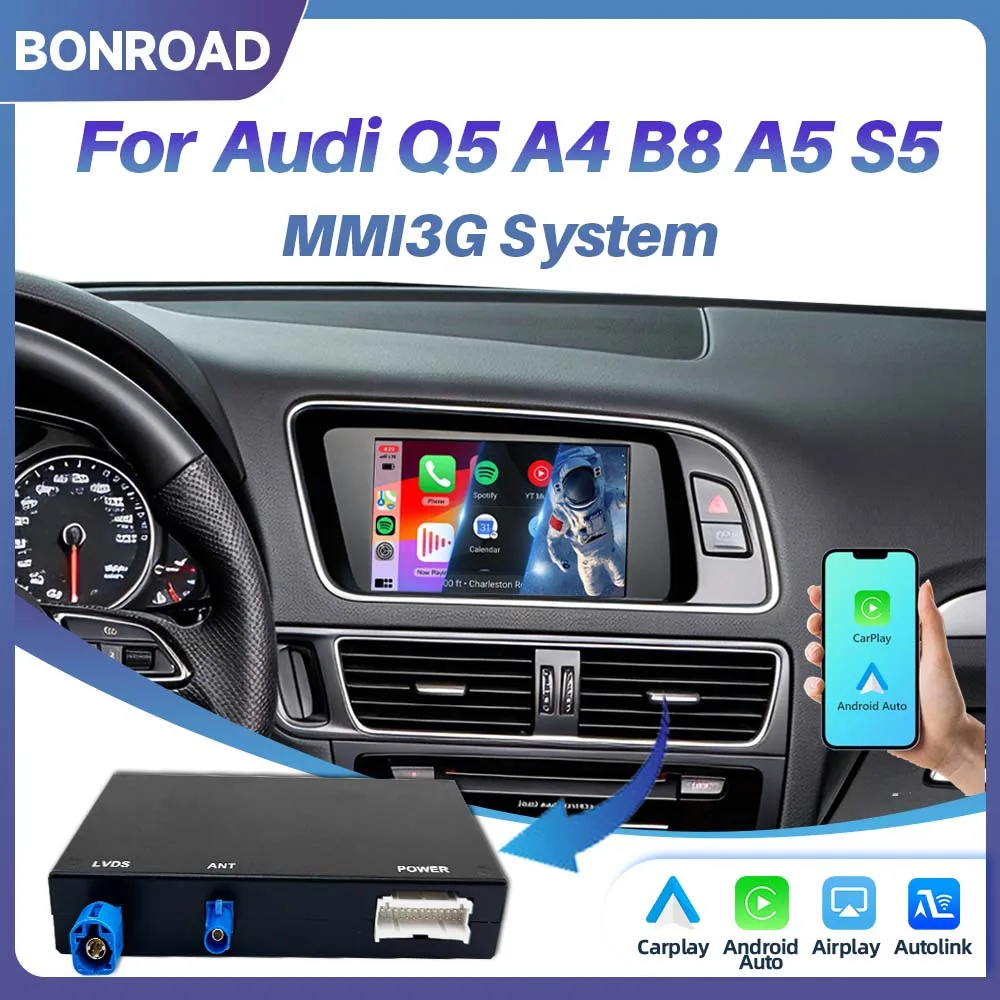 Module CarPlay sans fil BONROAD avec adaptateur MirrorLink Android Auto pour Audi A4 B8 A5 Q5 2009-2016 A6 A7 C7 2012-2015, compatible avec le système MMI 3G, décodeur de navigation automobile d'origine, accessoire de mise à niveau de l'interface multimédia.