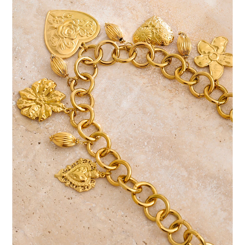 Yhpup Statement Stainless Steel Metal Heart Flower Charms Drop Necklace 18K Golden PVD Plated Waterproof Fashion Neck Jewelry