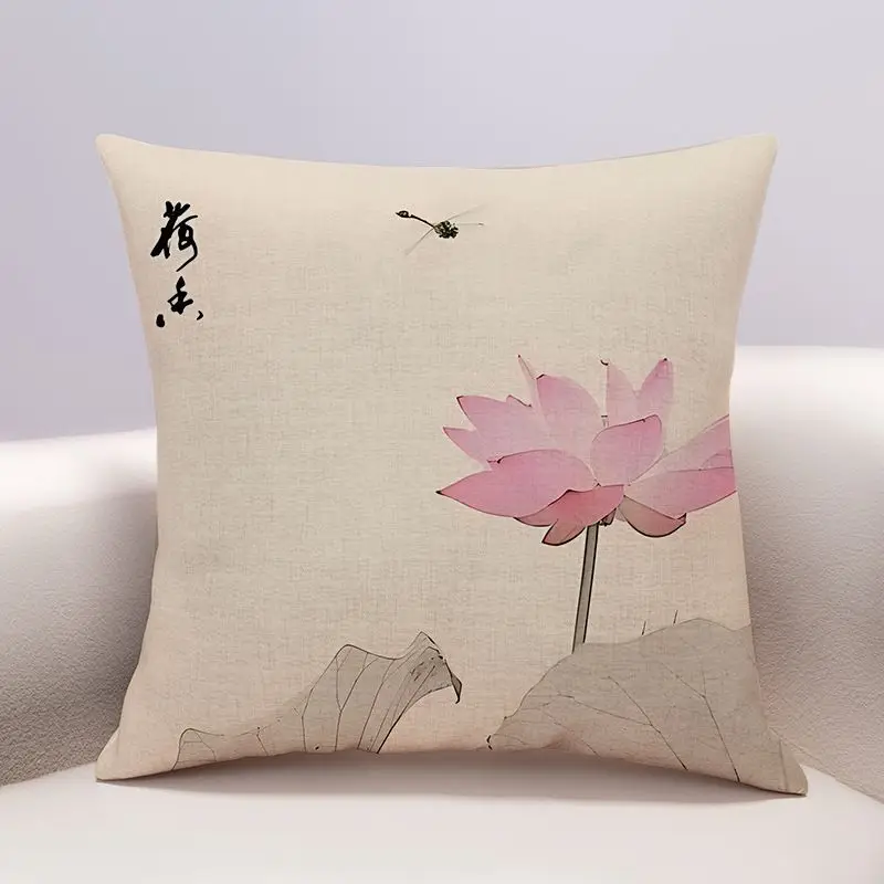 New Chinese Style Lotus Cotton Linen Pillow, Modern And Simple Sofa, Living Room, Office Model Room, Waist Pillowcase, Pillow