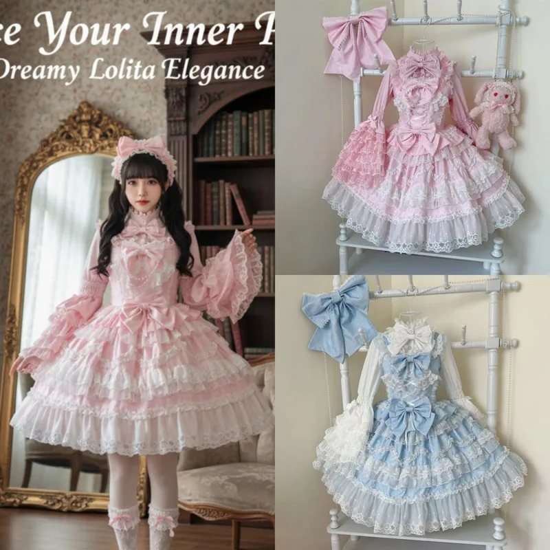 

Kawaii Bow Sweet Lolita Dresses Pink T-Shirt Lace Doll Collar Chiffon Top Loose Casual Shirt For Women Cute Daily Wear Gift New