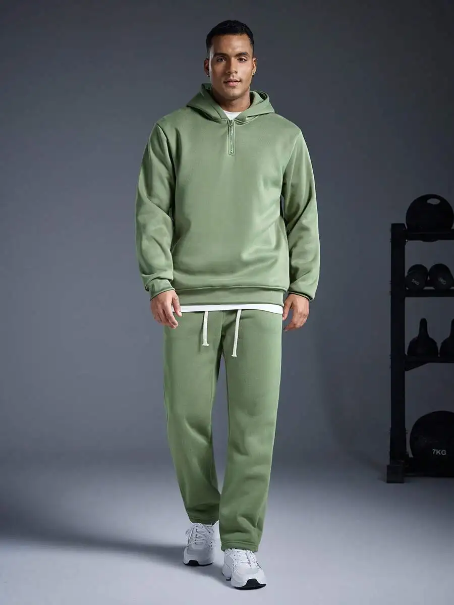 Olive Green Mens Zip-Up Hoodie And Matching Joggers Set For Fall Winter Casual Wear view 2