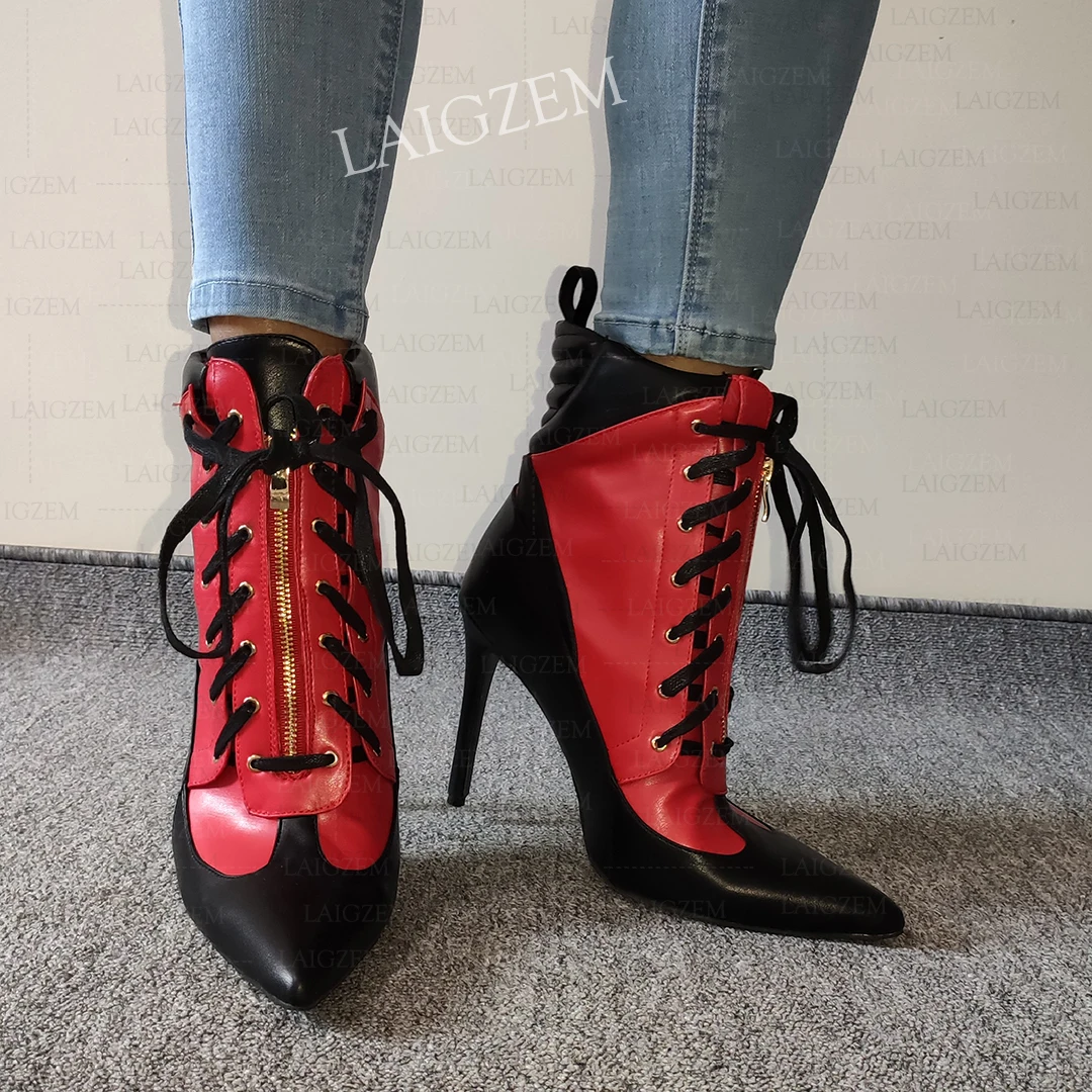 

LAIGZEM Women Ankle Boots Faux Leather Pointed Toe Faux Leather Thin High Heels Short Boots Ladies Shoes Woman Large Size 43 47