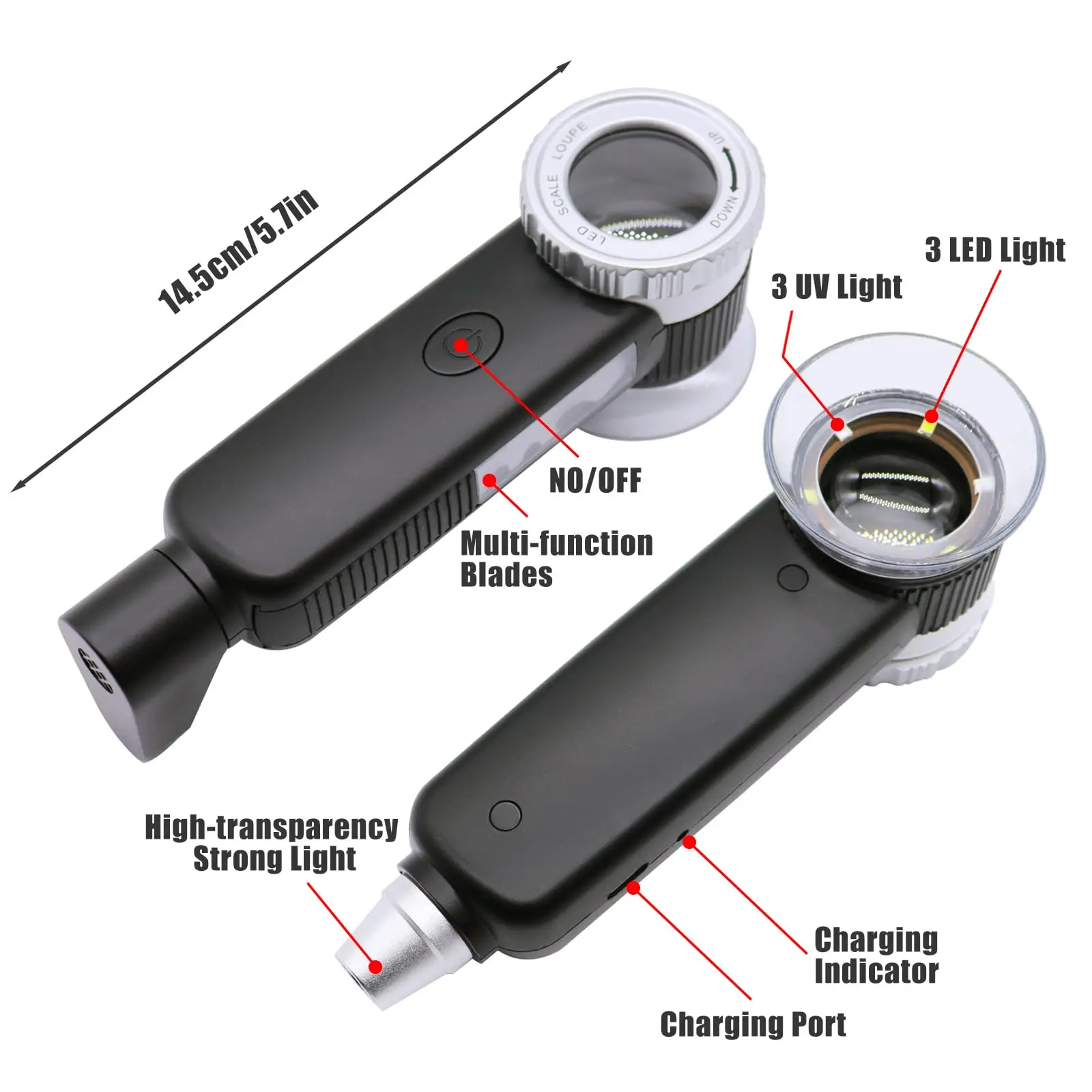 30X Rechargeable Magnifying Glasses LED UV Handheld Illuminated Magnifier with blade Jewelers Loupe for Gem Jade Jewelry Repair