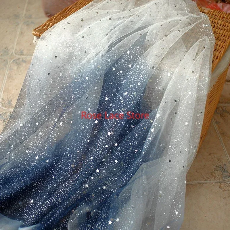 5 colors Glitter star moon Gradient lace fabric dark blue sequin star soft tulle for Bridal Wedding dress 59" width 1 yard