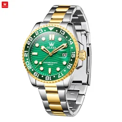 OLEVS 3610 Men’s Quartz Watch Stainless Steel Bracelet Luminous Hands Date Display 30M Water Resistant Green Dial