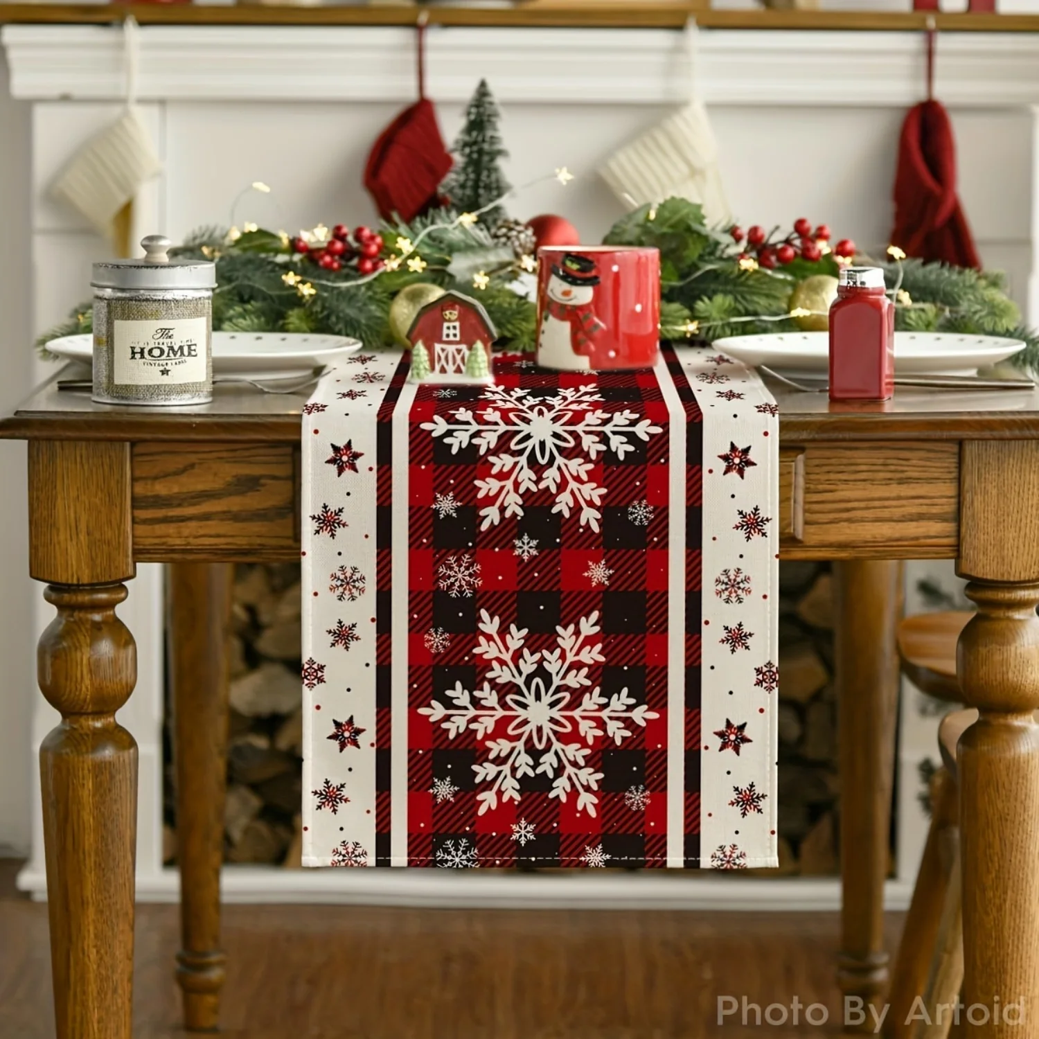Festive Buffalo Plaid Christmas Table Runner with Snowflake Design, Rectangular,Black Checkered with White Snowflakes and Dots