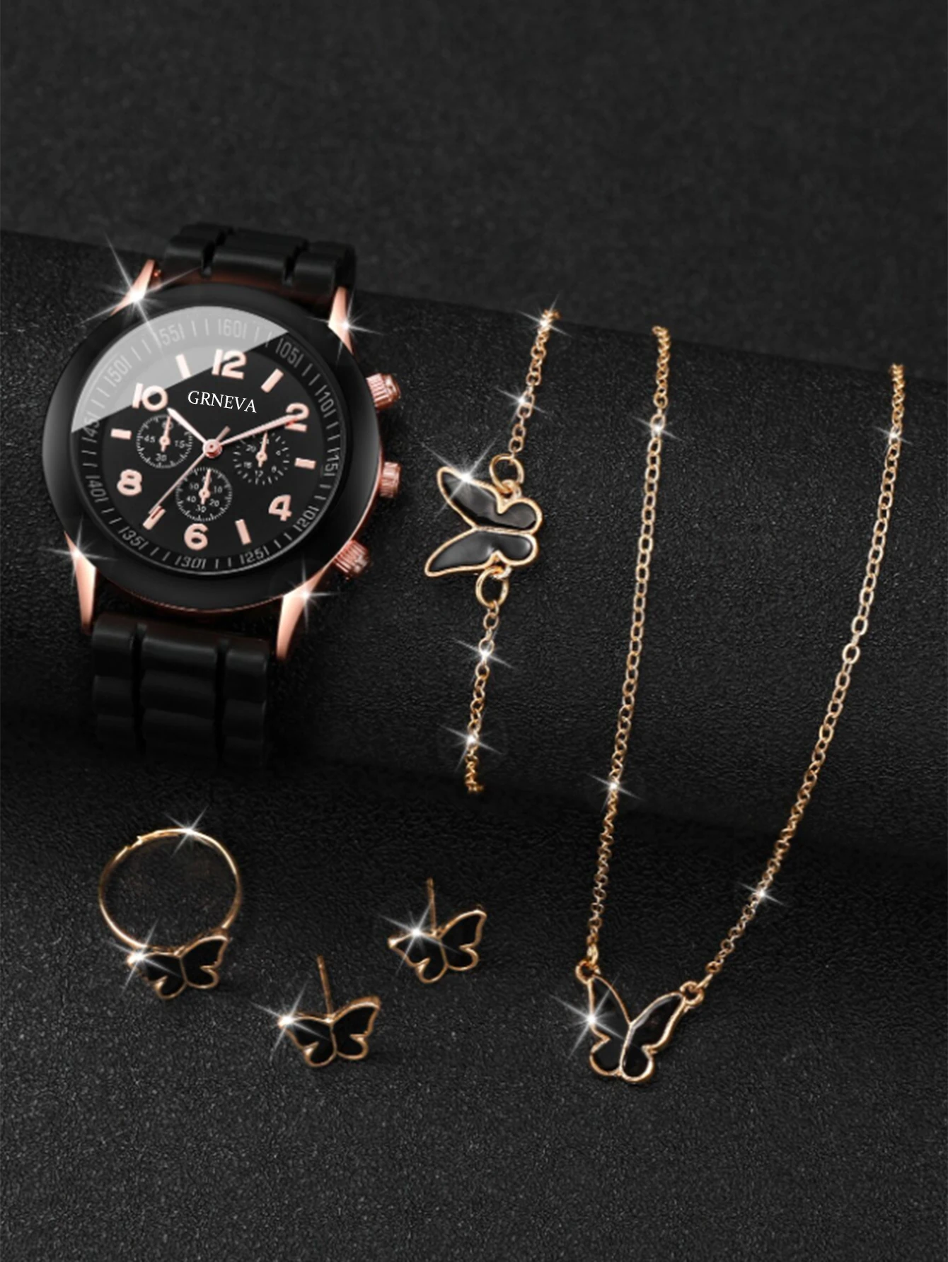 6PCS Fashion sports style black silicone women\'s quartz watch with butterfly earrings bracelet Necklace ring jewelry set