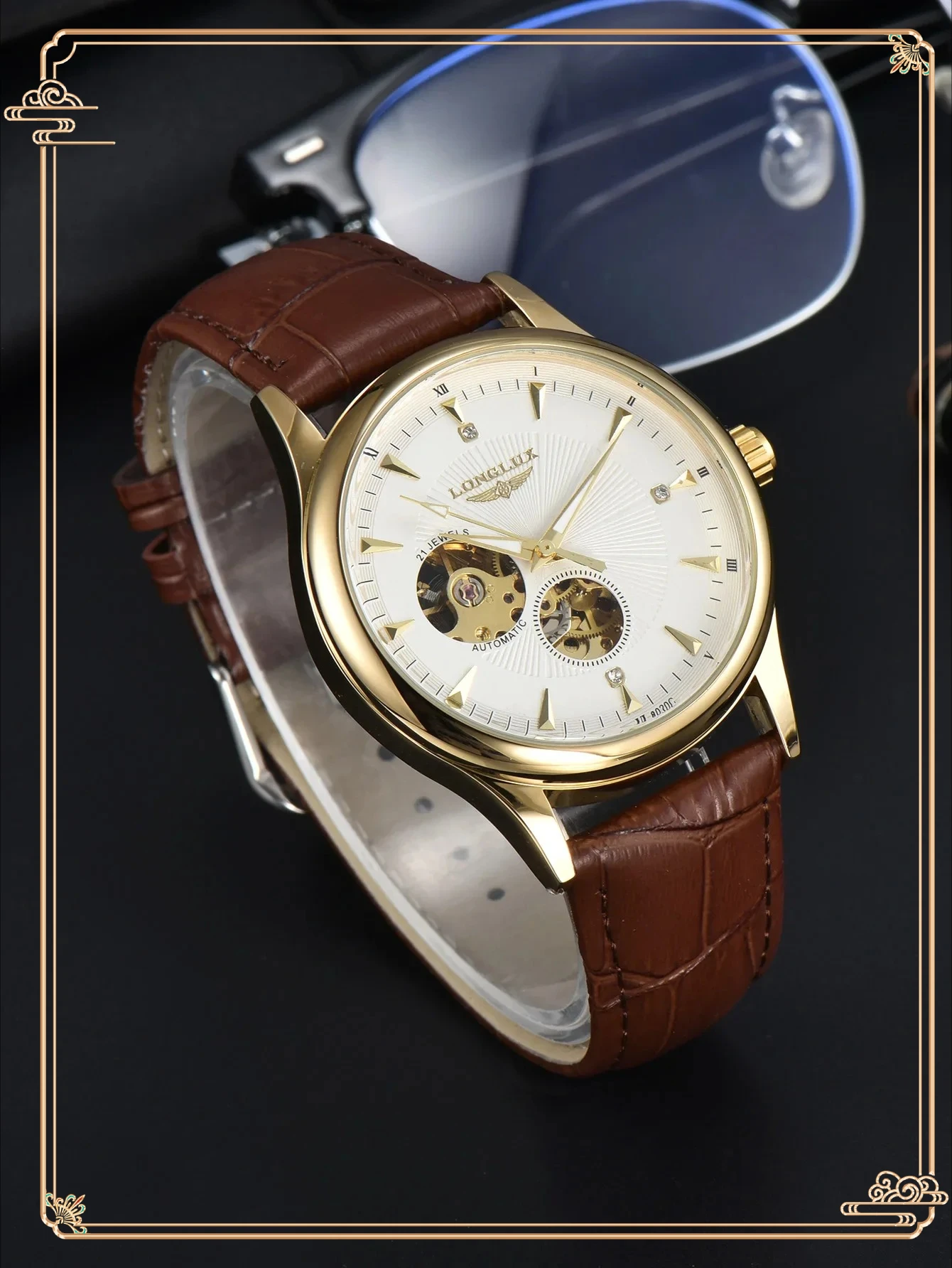 -ساعة أوتوماتيكية أنيقة هيكل عظمي مقاومة للماء ساعات ميكانيكية جلدية بسيطة روما للرجال هدية للرجال