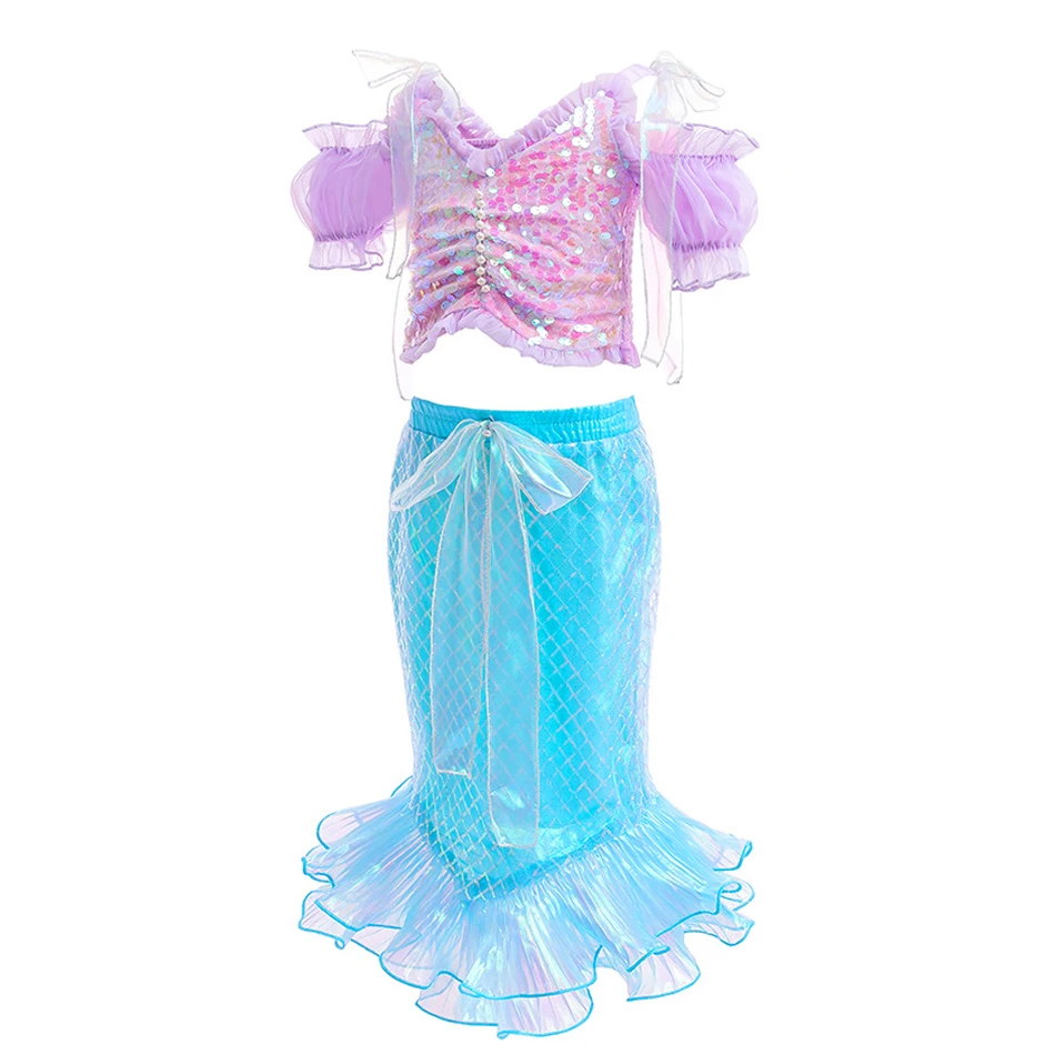 Girls Little Mermaid Dress Cosplay Princess Costume Kids Carnival Party Purim Festival Clothes Children Gorgeous Fishtail Skirt