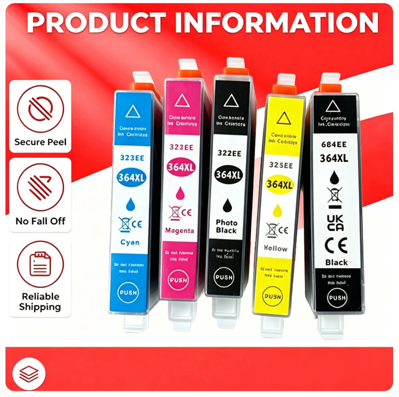 364 364XL Compatible Ink Cartridge 1‑5 Pack Compatible Ink for HP Photosmart 5510 5515 6510 B010 B109 B209 Deskjet 3070A Series