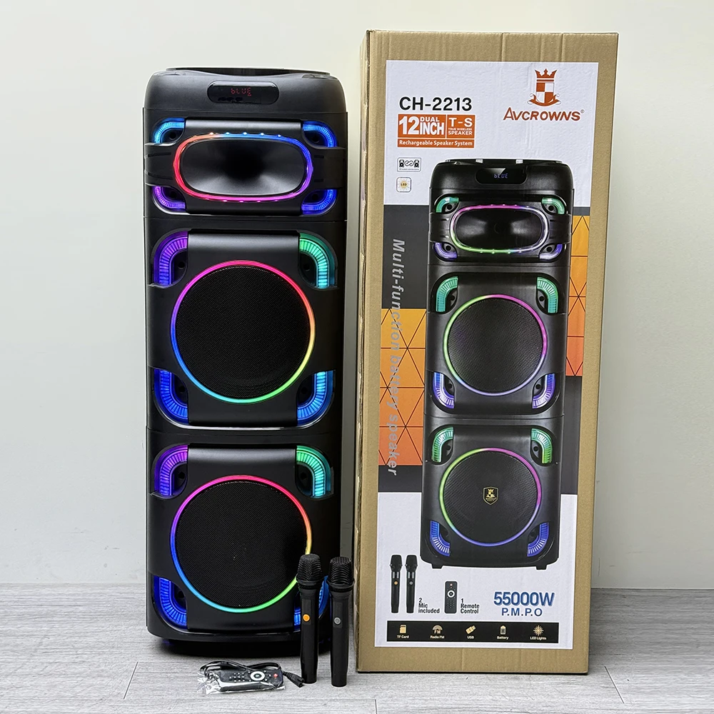CH-2213 Powerful Subwoofer Dual 12 Inch Stage Blue-tooth Karaoke Speaker Super Bass Woofer Bass Trolley Wooden BT Party Speaker