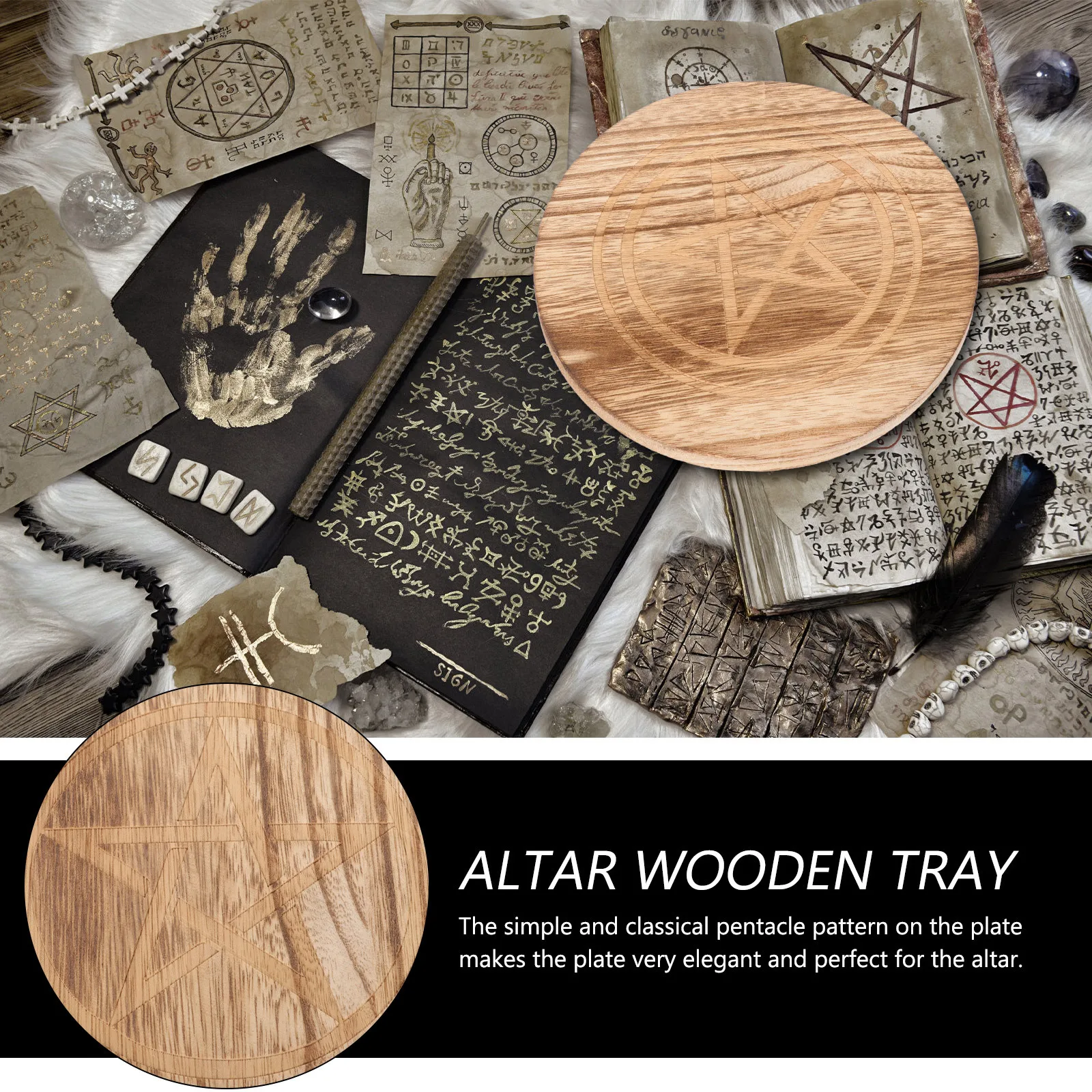 

Wooden Round Pentacle Altar Tray Smooth Surface Sacrificial Offering Plate Worship Plate Decorative Star Pattern