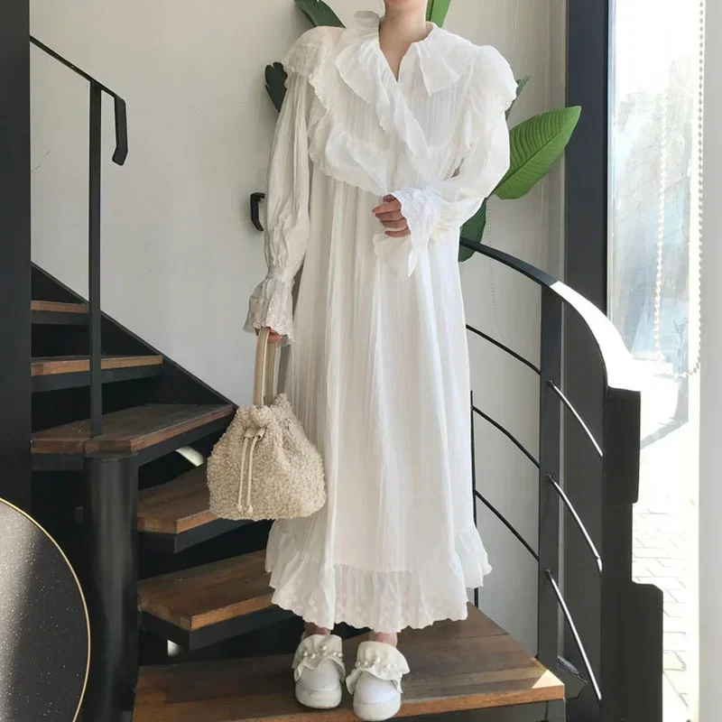 فستان أبيض غير رسمي أنيق فضفاض للنساء من الدانتيل بياقة مكشكشة وأكمام واسعة فستان كوري أنيق بتصميم بوهو طويل ماكسي #2